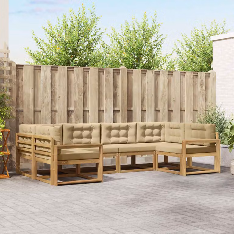vidaXL Set di divani da esterno a L in legno di acacia con cuscini, 6 pezzi, Bianco e Beige