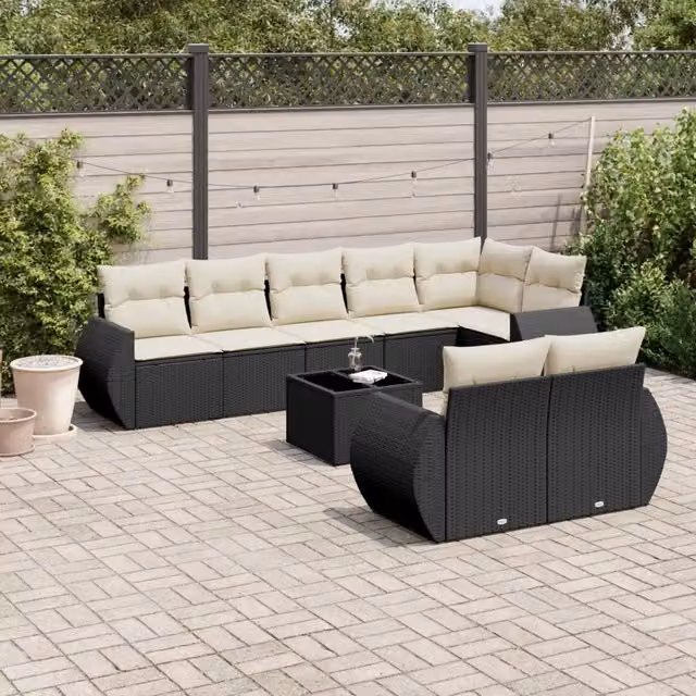 Set Divani da Giardino 9 pz con Cuscini Nero in Polyrattan 3221625