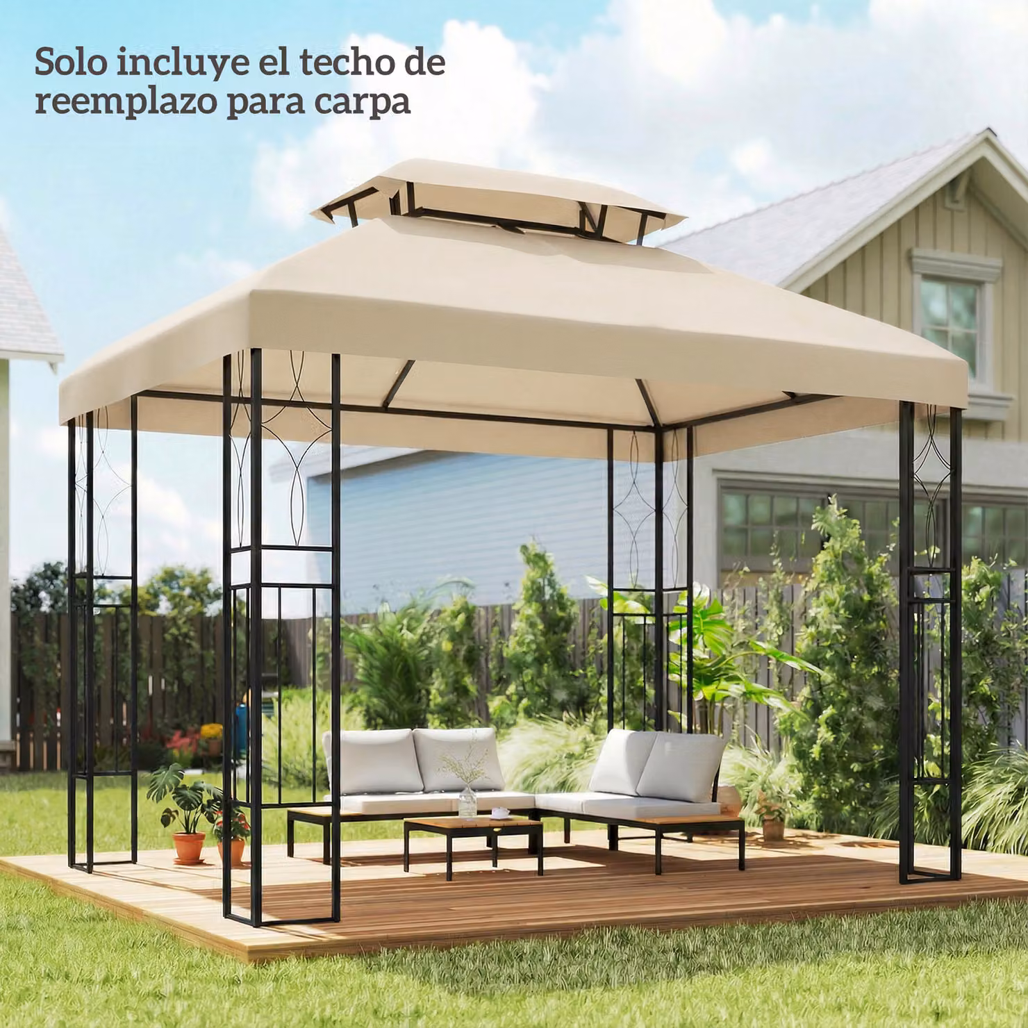 Telo di ricambio Outsunny per tenda da sole con tetto doppio, fori di drenaggio e protezione UV, Bianco Crema, 4 x 3 m – 2