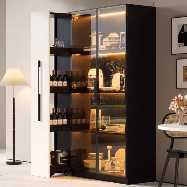 Vetrina con LED vano estraibile laterale e ruote in MDF e vetro nero e bianco 110;5 × 35 × 160 cm