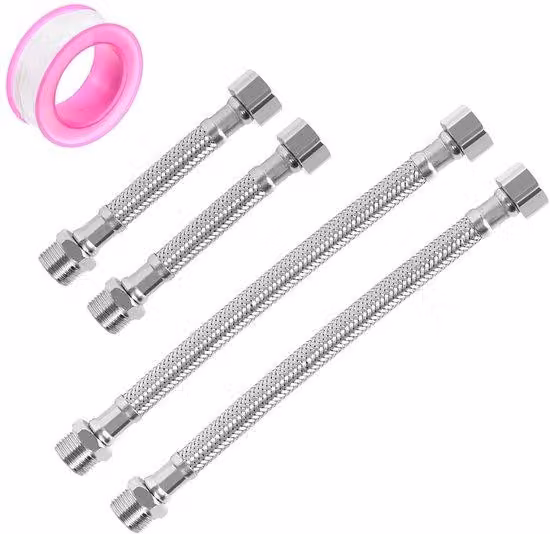 Set di tubi flessibili in acciaio inossidabile Ibenzoa®, composto da 4 pezzi: 2 tubi da 20 cm e 2 tubi da 10 cm, con nastro di tenuta, resistenti alla piegatura, con filettatura da 3/8" per rubinetti e impianti di riscaldamento