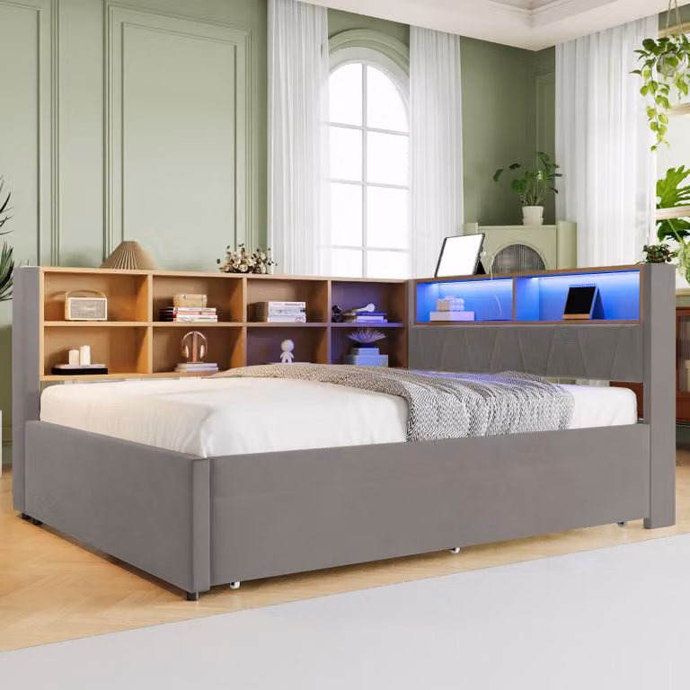 Divano letto STILVORA 140x200 cm, trasformabile in letto, con luci LED e prese di corrente, letto per bambini con numerosi scomparti, color beige (con materasso incluso)