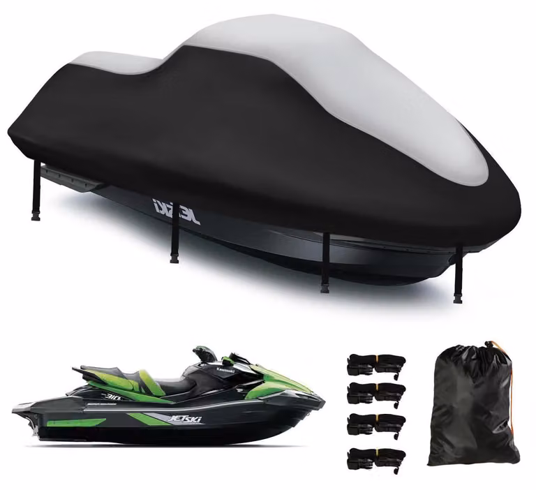 Copertura per jet ski a 3 posti, realizzata in tessuto 420D con rivestimento nano, impermeabile e resistente ai raggi UV. Dimensioni: 291-318 cm. Colori: argento e nero