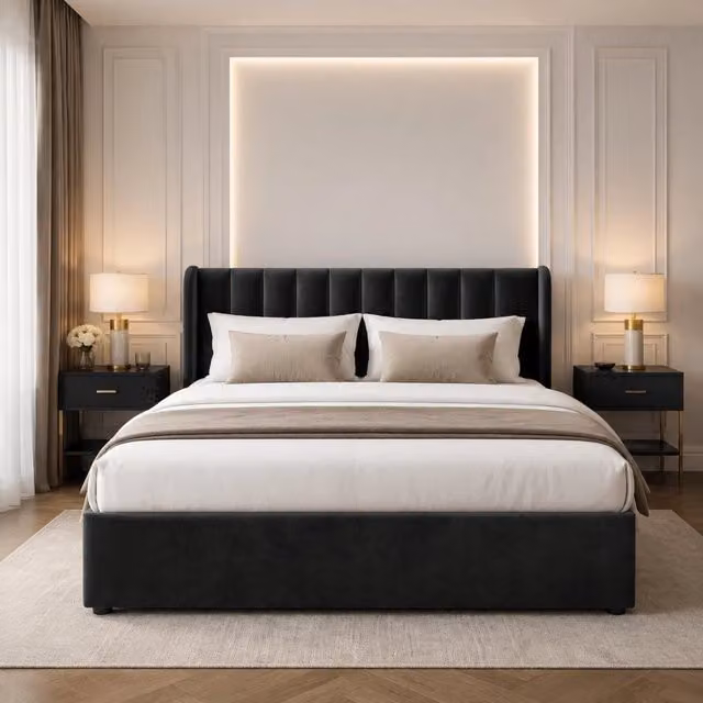 Letto matrimoniale 140x200 cm in velluto nero con rete a doghe e 2 cassetti
