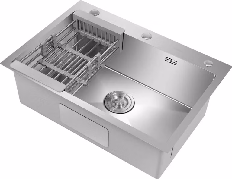 Lavello da cucina in acciaio inox - Da incasso/sottopiano, rettangolare - Vasca singola - 45 x 66 cm - Senza rubinetteria - 1 foro - Incl. gruppo di scarico e sifone