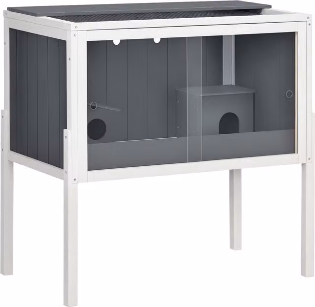 Gabbia per criceti nani PawHut in legno e metallo con 2 rifugi e porte scorrevoli in acrilico, Grigio Scuro + Bianco
