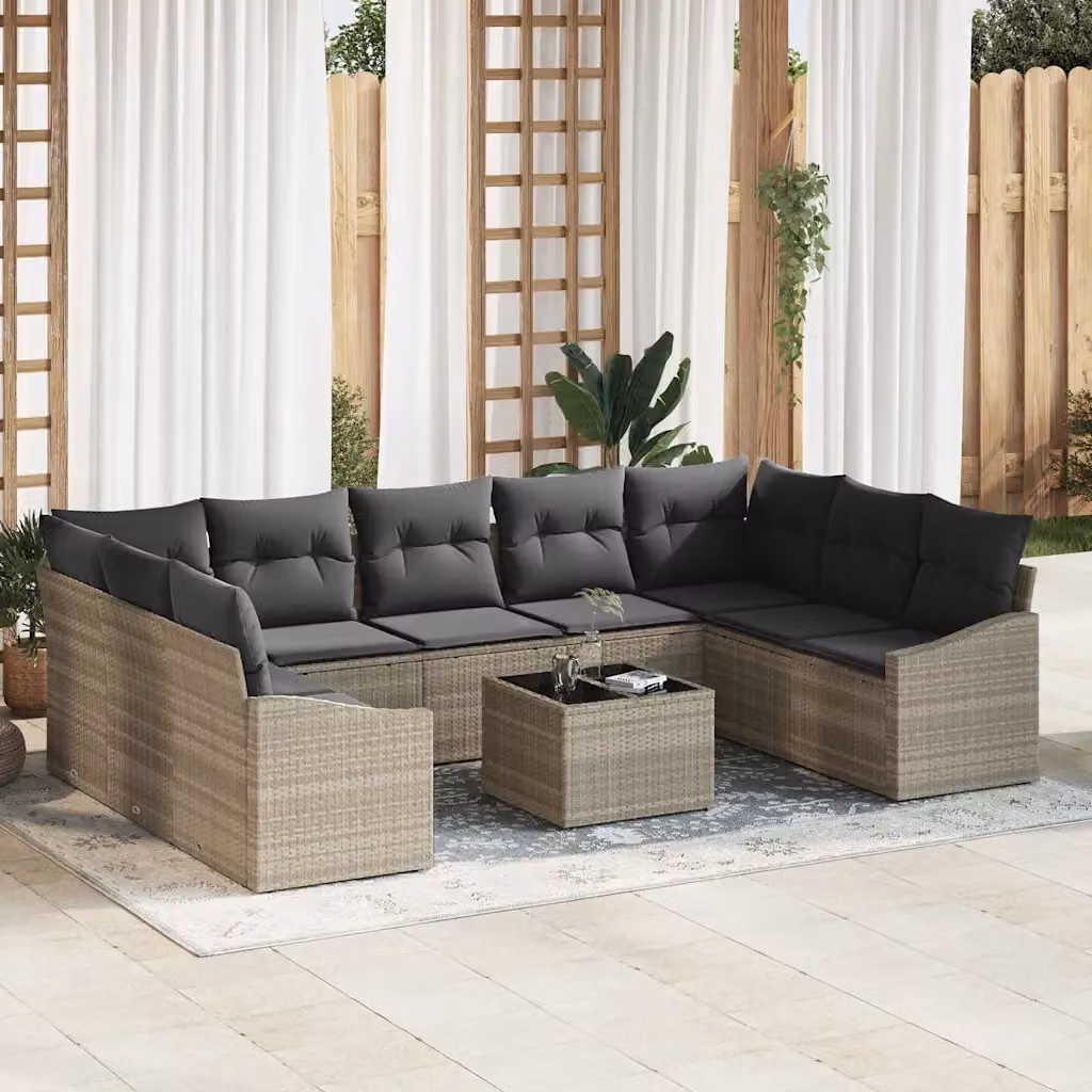 Set di divani da giardino vidaXL in polyrattan grigio chiaro con cuscini e tavolino da esterno – 1