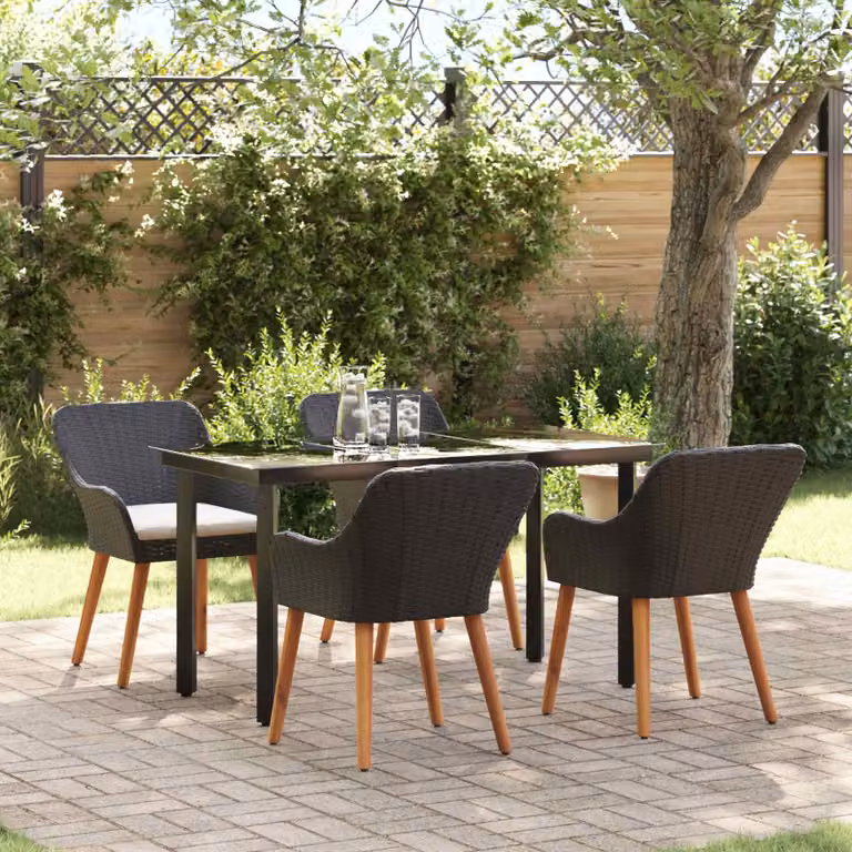 Set da pranzo per giardino e terrazzo vidaXL in polyrattan nero con tavolo in vetro, 5 pezzi