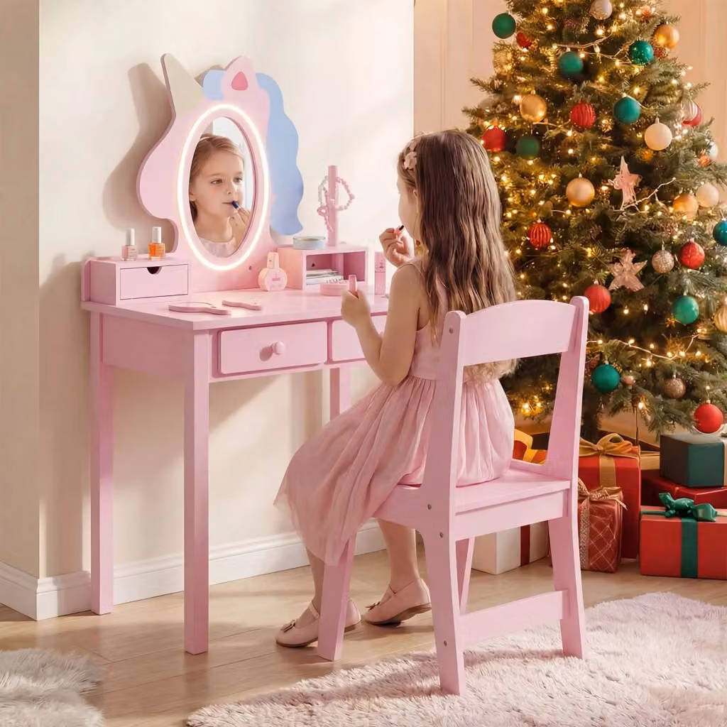 Toeletta trucco per bambini con specchio a forma di unicorno con luci LED, tavolino e sgabello, colore rosa – 2