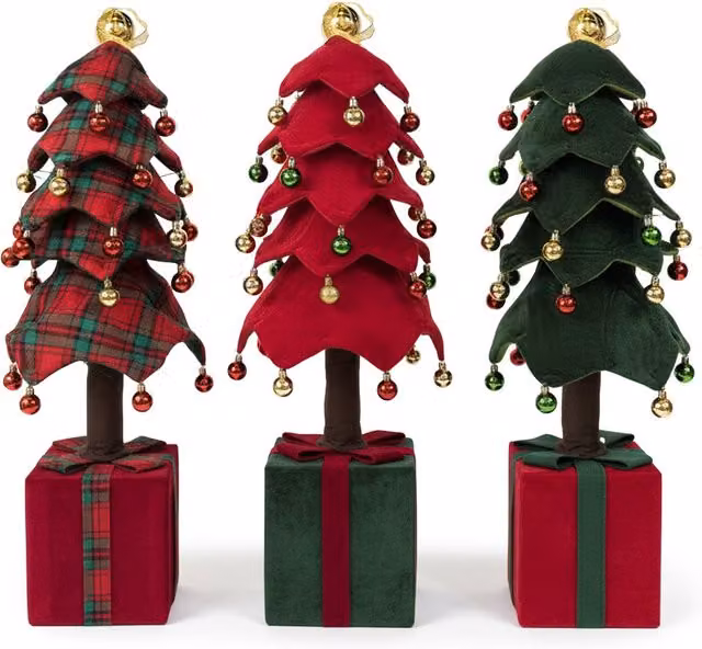 Albero di Natale decorativo estensibile Saint Joy in poliestere con base a pacco regalo e palline colorate, disponibile in varianti rosso, verde e oro, Altezza: 95 cm