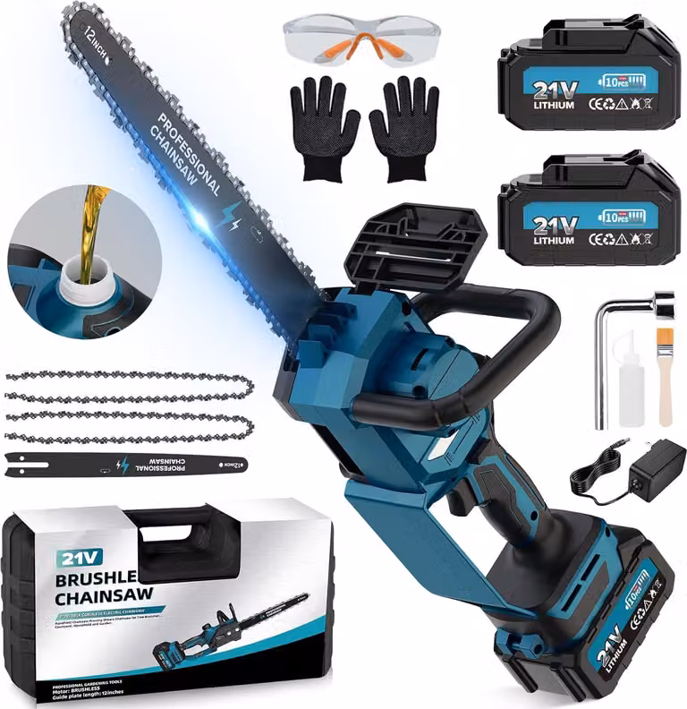 12“ Motosega a Batteria, Mini Motosega Elettrica a Batteria Brushless con 2*4000mAh Batterie 1800W, 12 Pollici Sega a Batteria per Potatura con Pompet
