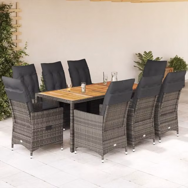 Set da pranzo da giardino vidaXL in polyrattan e legno di acacia grigio, 9 pezzi – 1