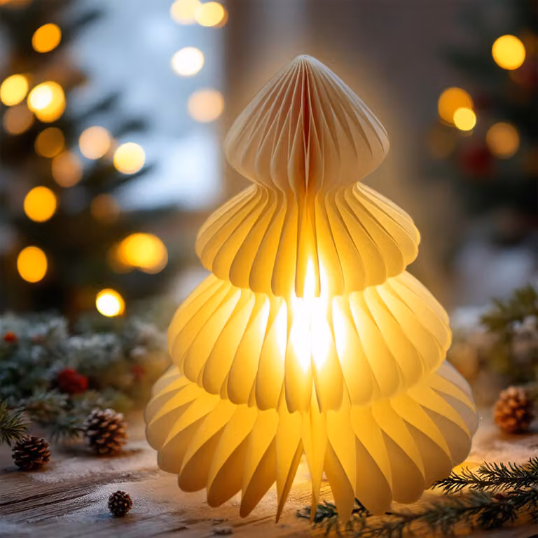 Albero di Natale di carta a LED bianco caldo illuminato con timer - 28 cm - figura decorativa albero di Natale pieghevole con illuminazione a batteria