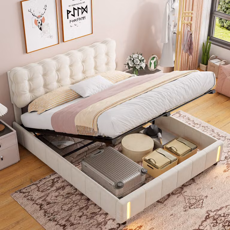 CDGlobal letto imbottito 160x200cm con rete e illuminazione a LED, letto a molle idrauliche con testata regolabile in altezza e rete a doghe, letto matrimoniale in velluto letto contenitore per giovani, beige
