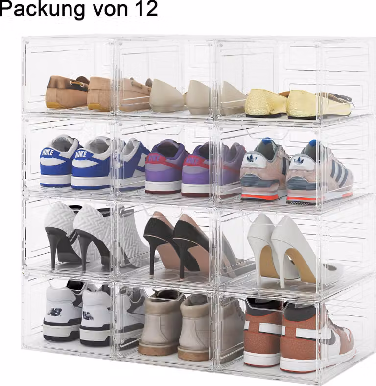 Confezione da 12 scatole trasparenti impilabili per scarpe, in plastica morbida