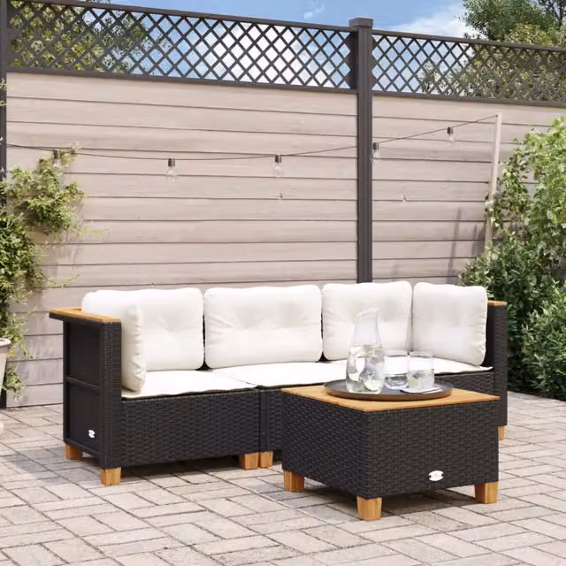 Divano da Giardino a 3 Posti con Cuscini-Sofa da Giardino-Divano da esterno Nero in Polyrattan 108380