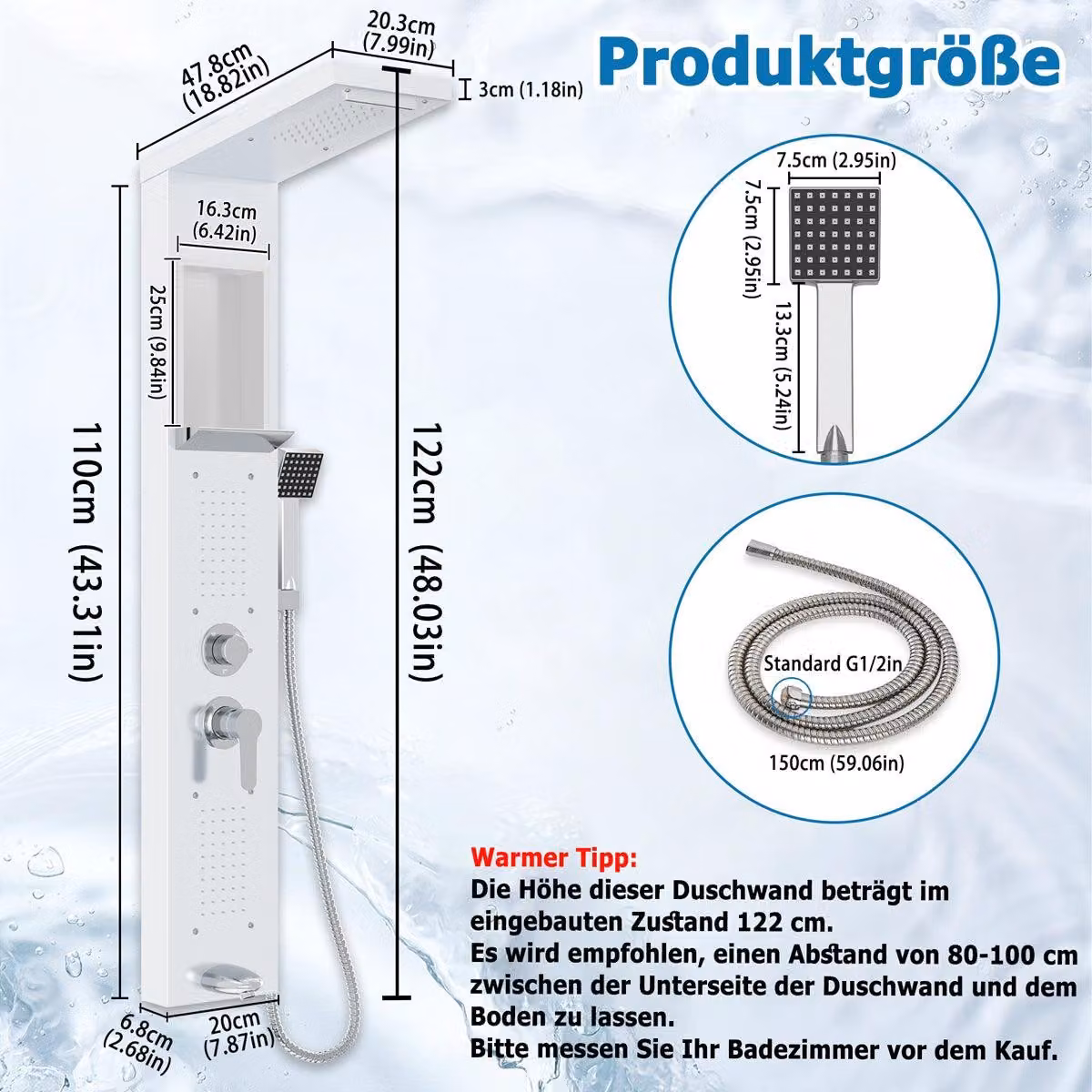 Set doccia a soffitto – Pannello doccia – Colonna doccia – Doccetta manuale – Getto a cascata – Acciaio inossidabile – 5 modalità – Bianco
