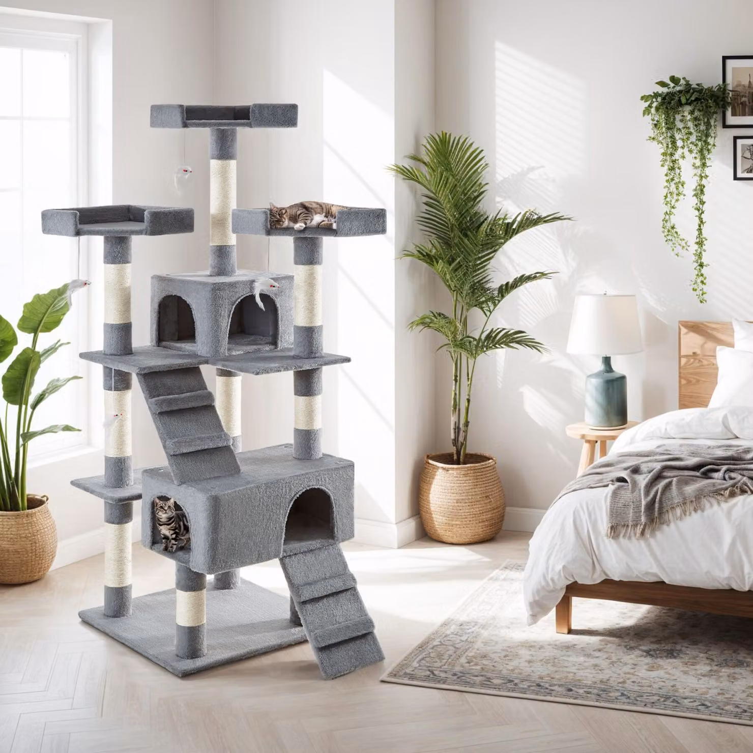 Albero tiragraffi per gatti Barney TecTake GmbH grigio con cave e giochi integrati in sisal – 2