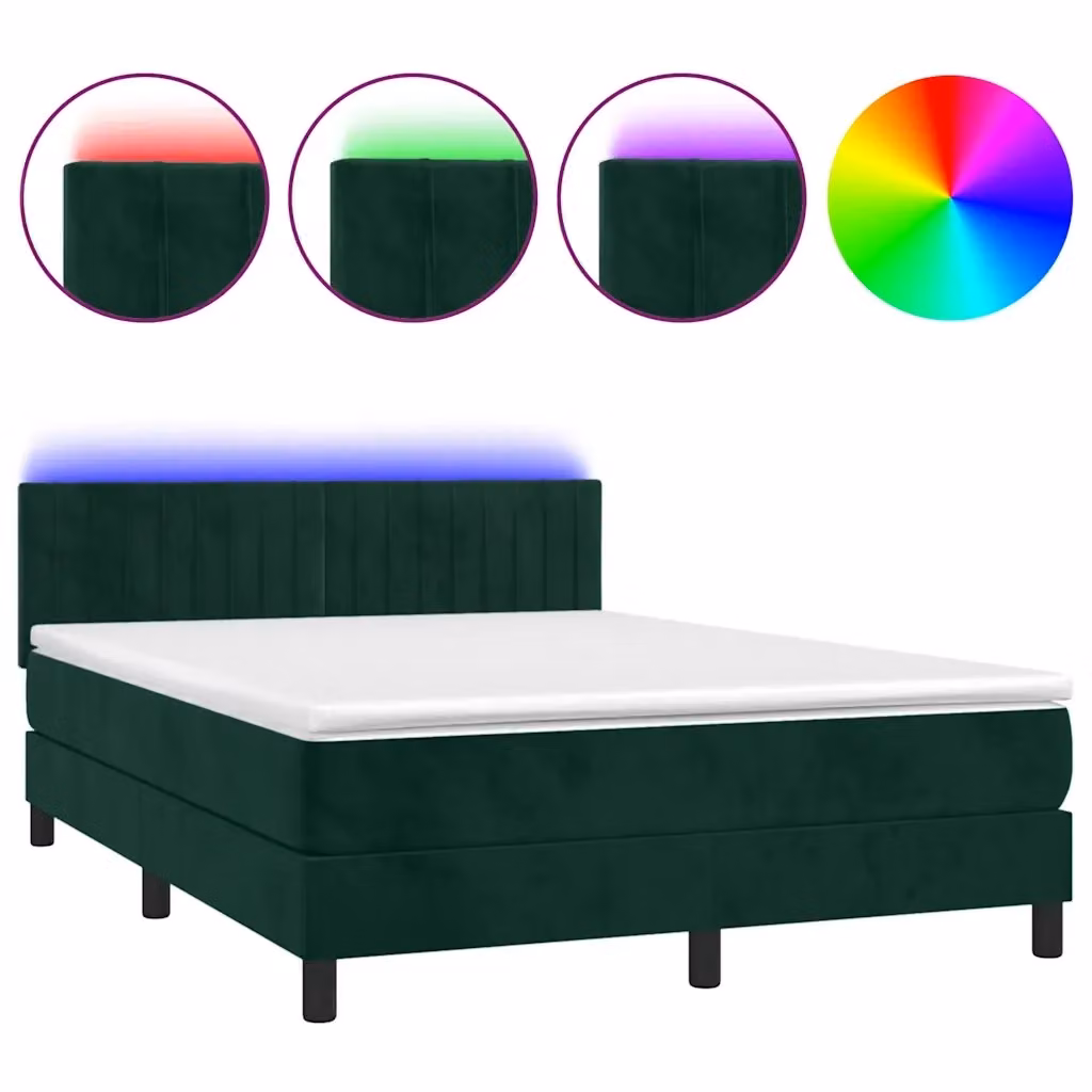 Letto Ibrido con Materasso e Illuminazione LED vidaXL in Velluto Verde Scuro L/P/H: 140 x 190 cm – 2