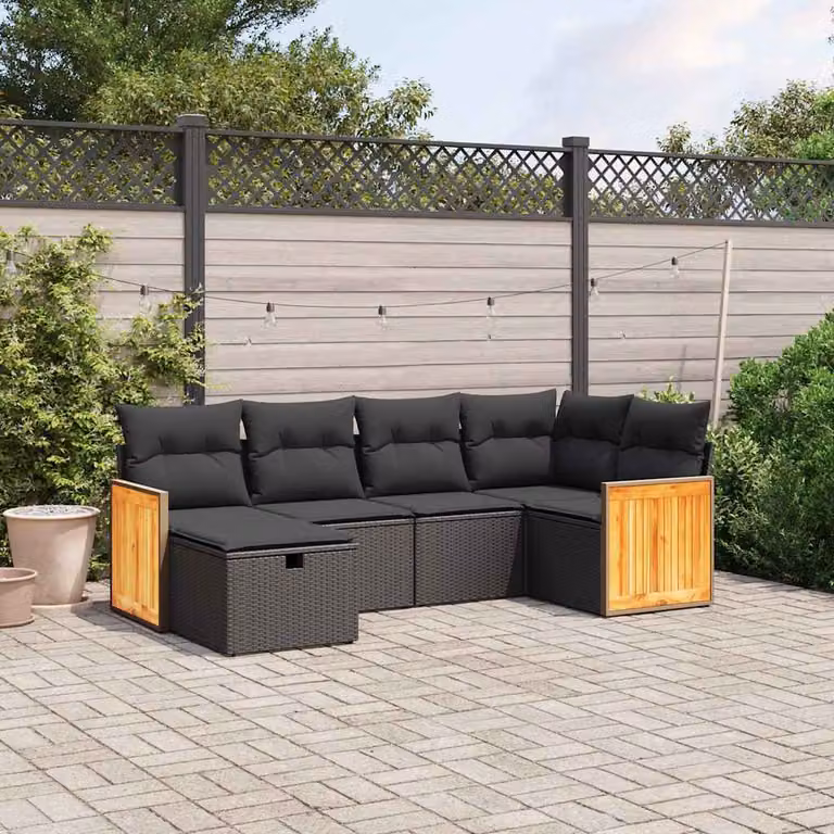 Set Divano da Giardino vidaXL 6 pz a Forma a L con Cuscini Nero in Polyrattan e Struttura in Acciaio Verniciato a Polvere
