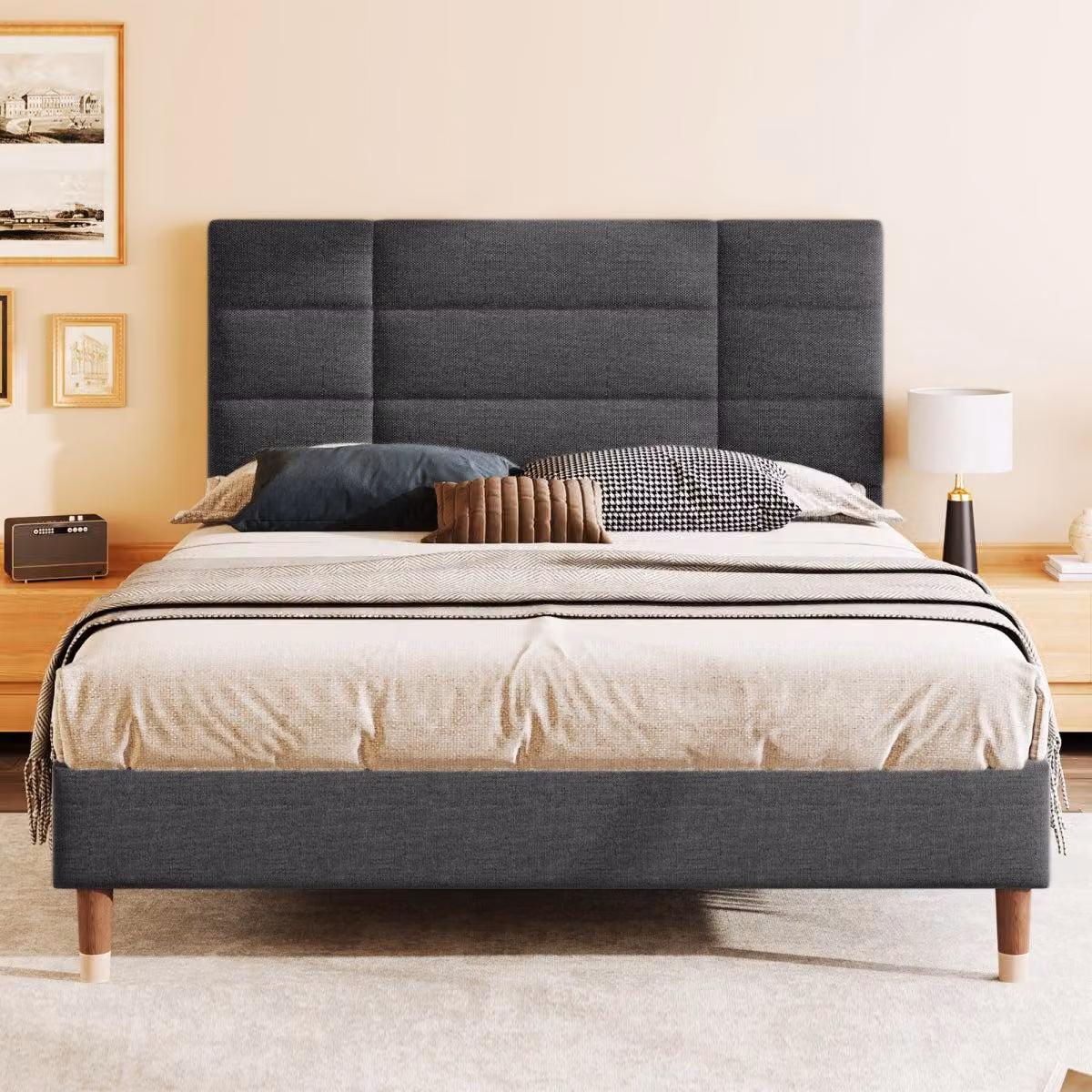Letto imbottito 140x200 cm con rete a doghe (senza materasso), telaio in lino grigio scuro con testiera, spazio contenitore, letto matrimoniale dal design moderno