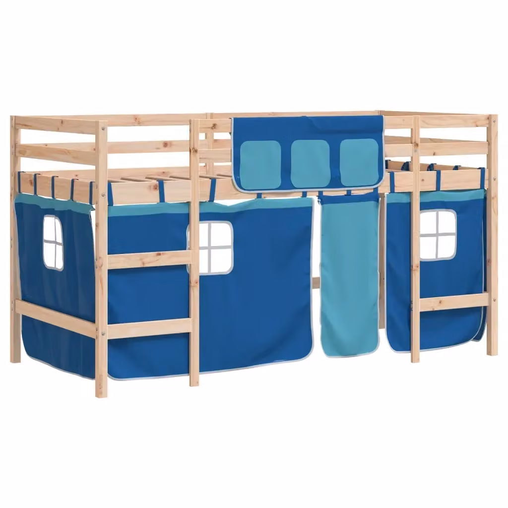vidaXL Letto a Soppalco per Bambini in Legno di Pino Massello con Tende Blu L: 200 cm, P: 80 cm, H: 178.5 cm – 2