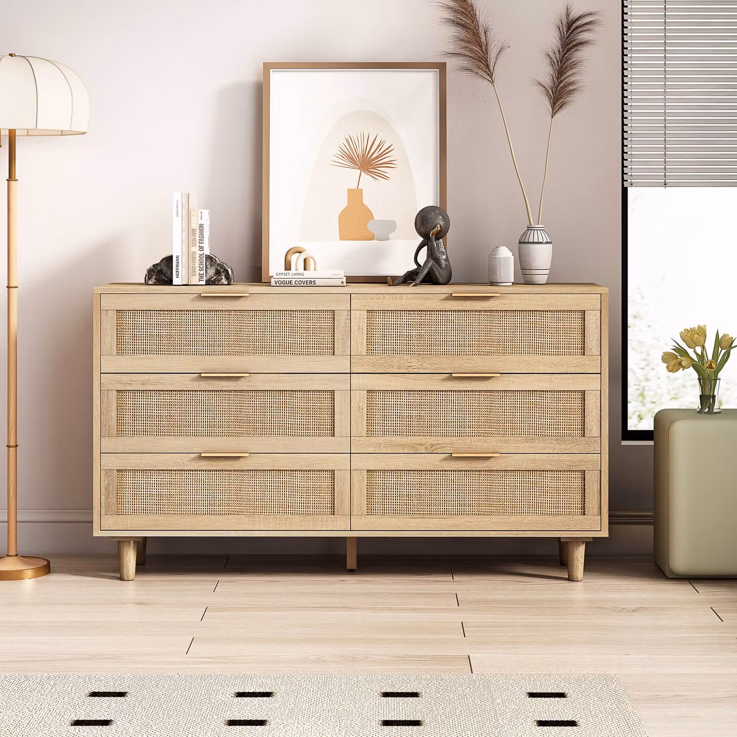 Cassettiera AIORBER, rattan, 6 cassetti, stile rustico antico, molto spazio, credenza, adatta per camera da letto, soggiorno, 130x40x75cm, colore naturale