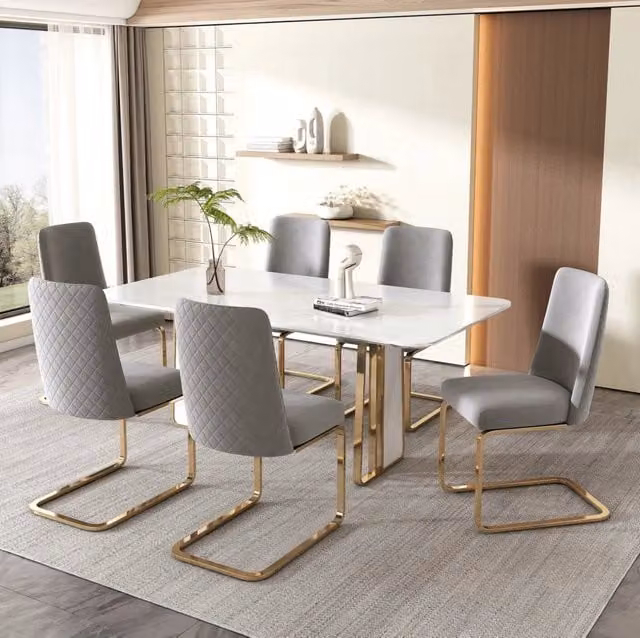 Set di 6 sedie da pranzo in velluto grigio con schienale a rombi e gambe in metallo