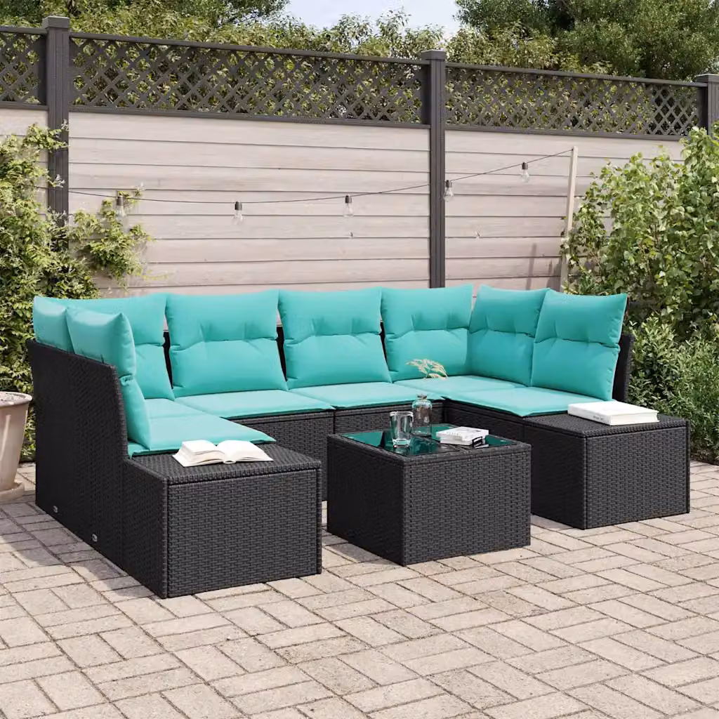 Set Divano da Giardino vidaXL 7 Pezzi a Forma di L con Tavolino in Vetro e Cuscini Turchesi e Neri in Polyrattan e Acciaio