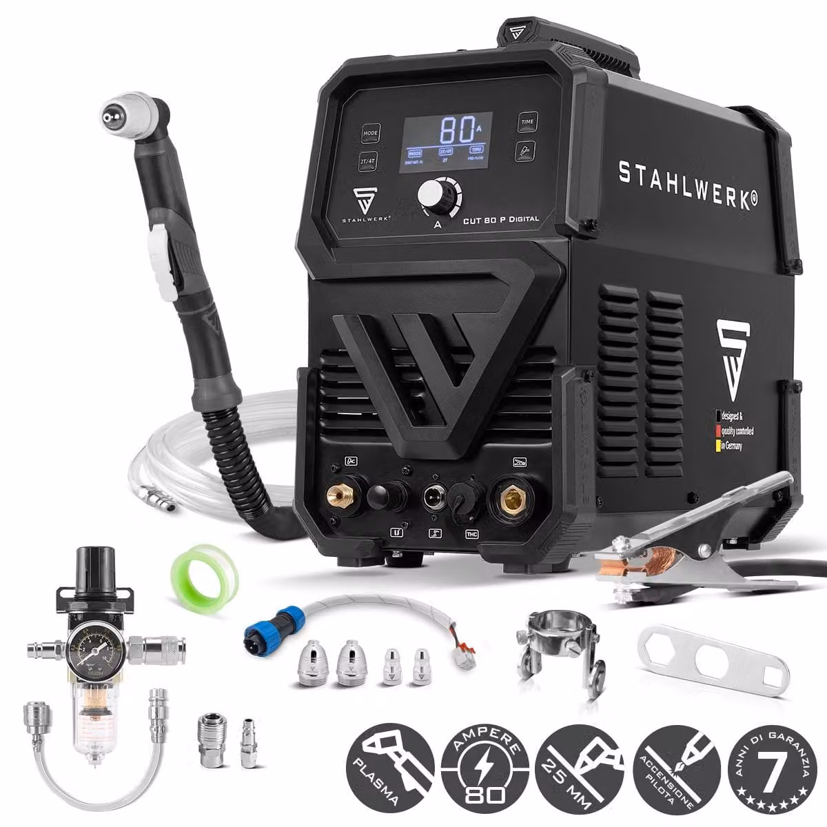 STAHLWERK Taglierina al plasma CUT 80 P Digital - Taglierina al plasma da 80 A, capacità di taglio fino a 25 mm, taglierina al plasma a inverter con accensione pilotata HF