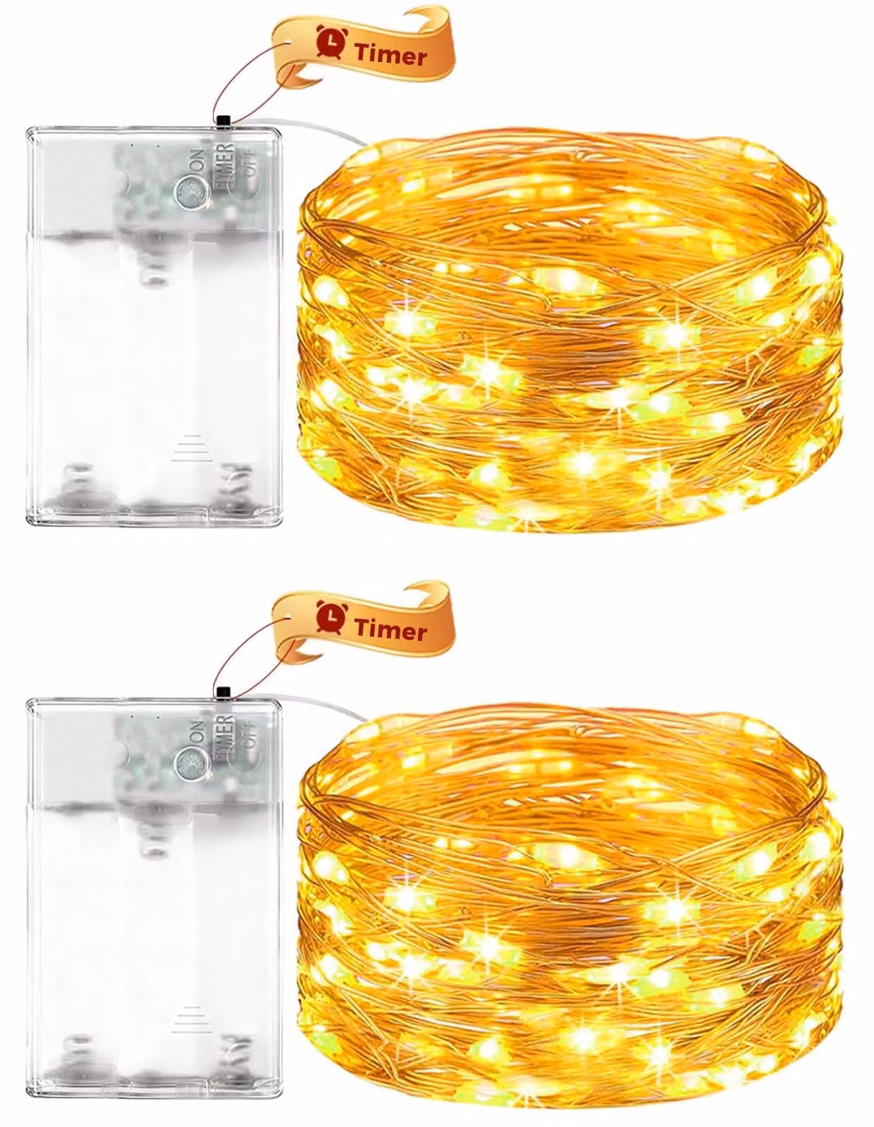 Catena luminosa a LED, 12 metri, 120 LED, con timer, luce bianco caldo, confezione da 2