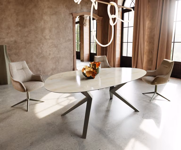 DELIFE Tavolo da pranzo Edge ovale, 220x120 cm, piano in Vetroceramica Iris FMG, finitura Onice Oro, gambe Zenthara, design geometrico, metallo con effetto titanio