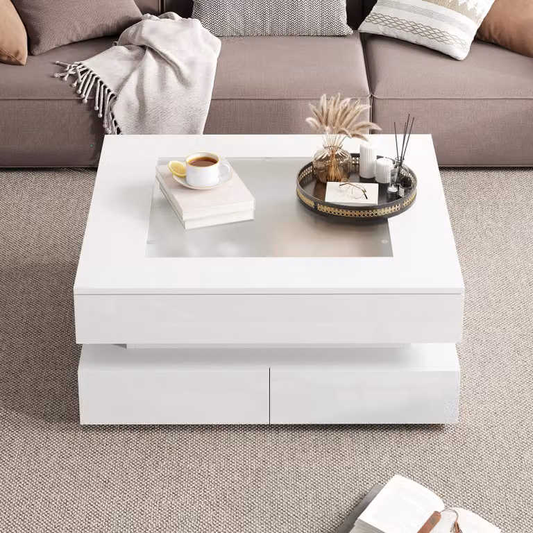 Tavolino da salotto, dimensioni 70 x 70 x 35 cm, realizzato in pannello di particelle al 100%, con piano in vetro, colore bianco, piano in vetro quadrato, dotato di illuminazione a LED e 3 cassetti