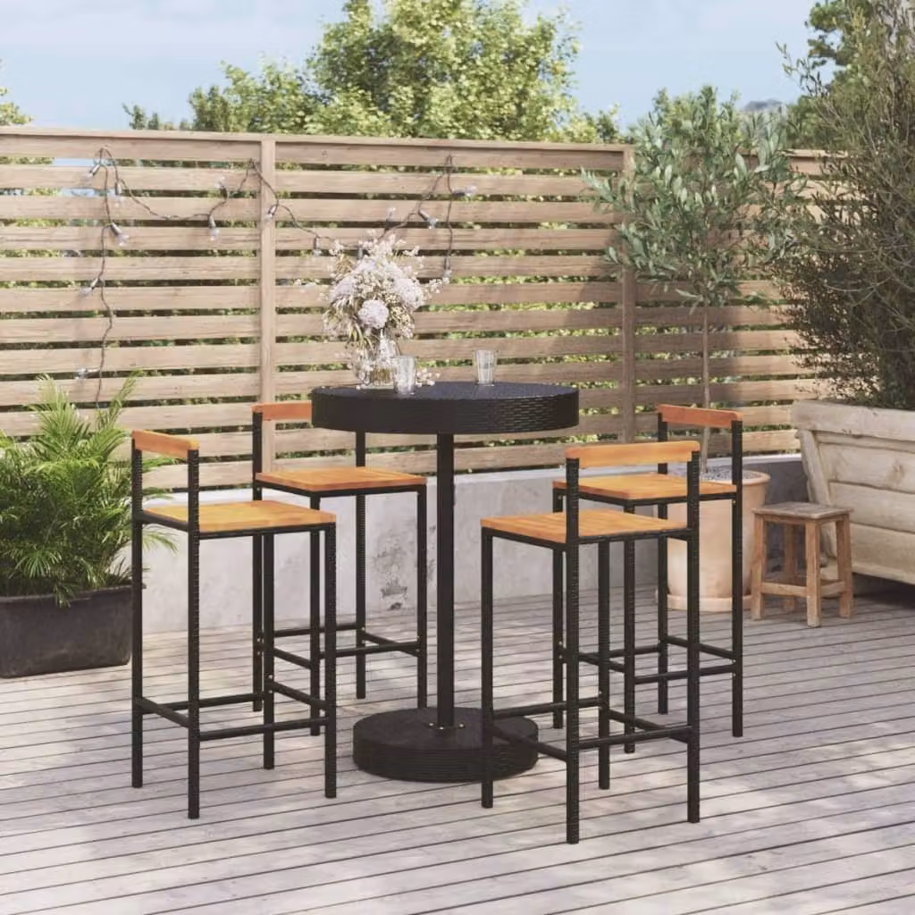 The Living Store Set bar da giardino 5 pezzi in poly rattan nero e legno massiccio di acacia