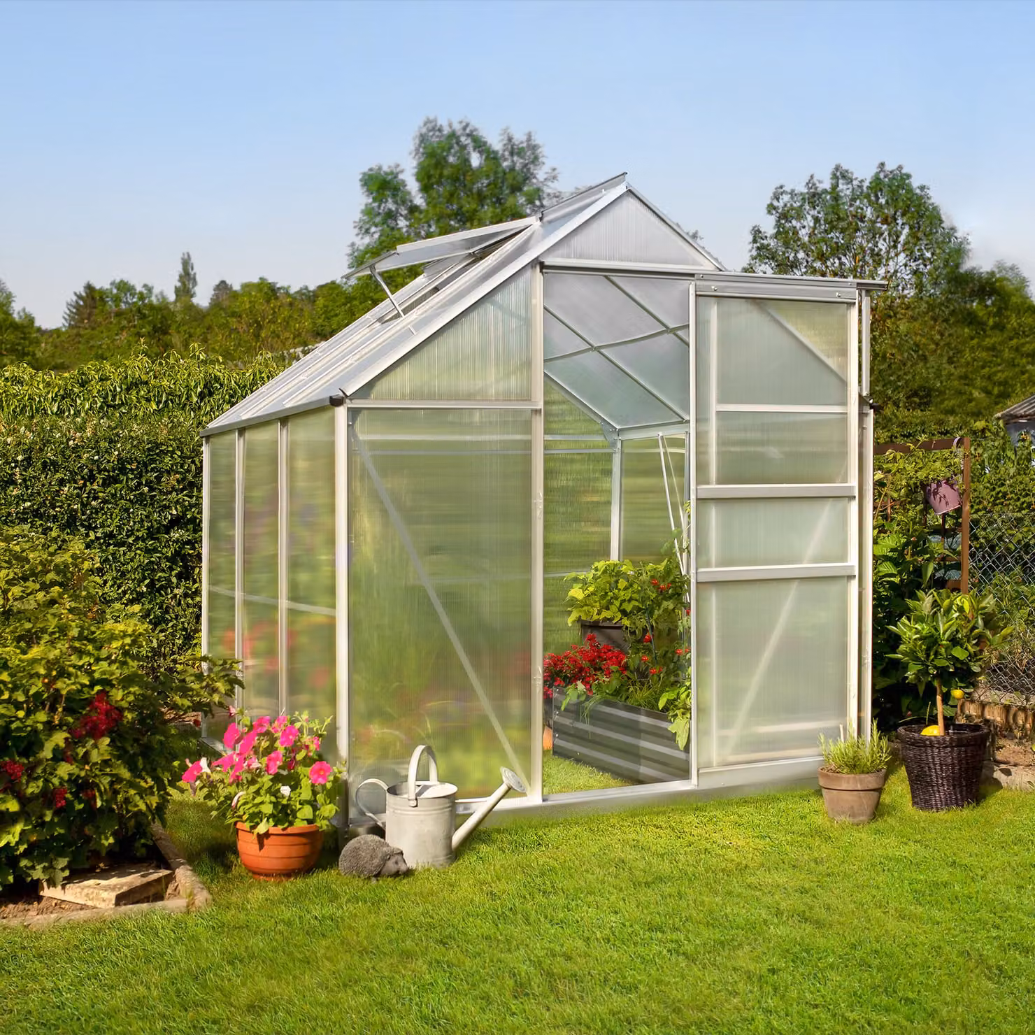 Serra TecTake GmbH in alluminio e policarbonato trasparente con fondamenta e finestre scorrevoli L: 3,7 m, P: 1,95 m, H: 1,9 m – 2