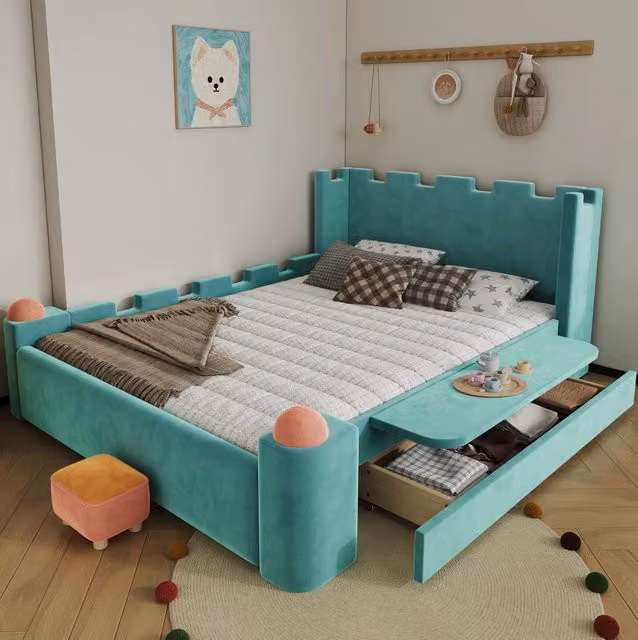 Letto imbottito per bambini Beaok in tessuto velluto con cassettone e ripiano pieghevole, L: 140 cm, P: 200 cm, Colore: blu, verde, turchese
