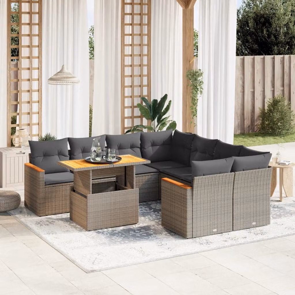 vidaXL Set Divano da Giardino a L 9 pz con Cuscini Grigio in Polyrattan e Acciaio – 1
