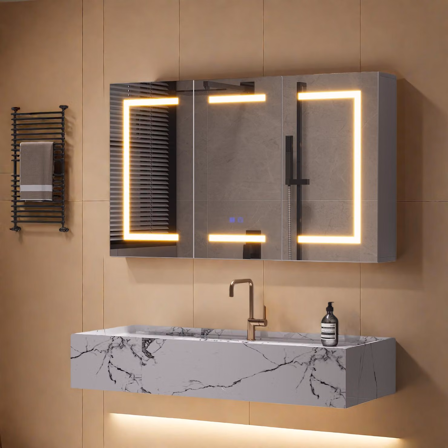 INONEFT, mobiletti da bagno con specchio e illuminazione, dimensioni 100x60 cm, 3 ante, antiappannamento, presa di corrente, 3 temperature di colore, sensore touch, modello B
