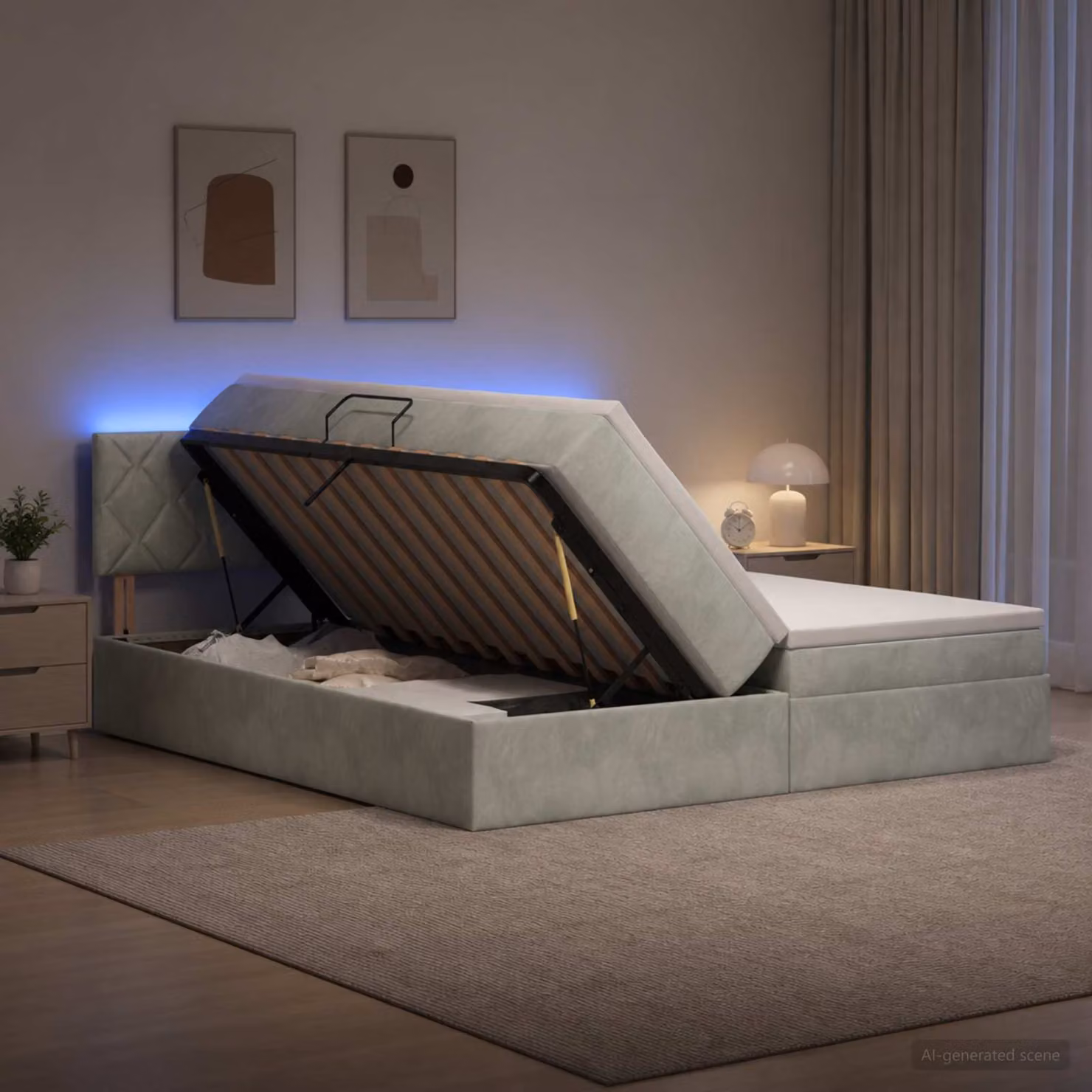 Letto con contenitore vidaXL in tessuto grigio con illuminazione LED e porta USB, L/P/H: 180 x 200 x 88 cm