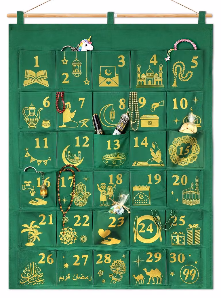 Calendario del Ramadan con glitter, nei colori verde e oro, dimensioni 93x72 cm, con 30 tasche da riempire