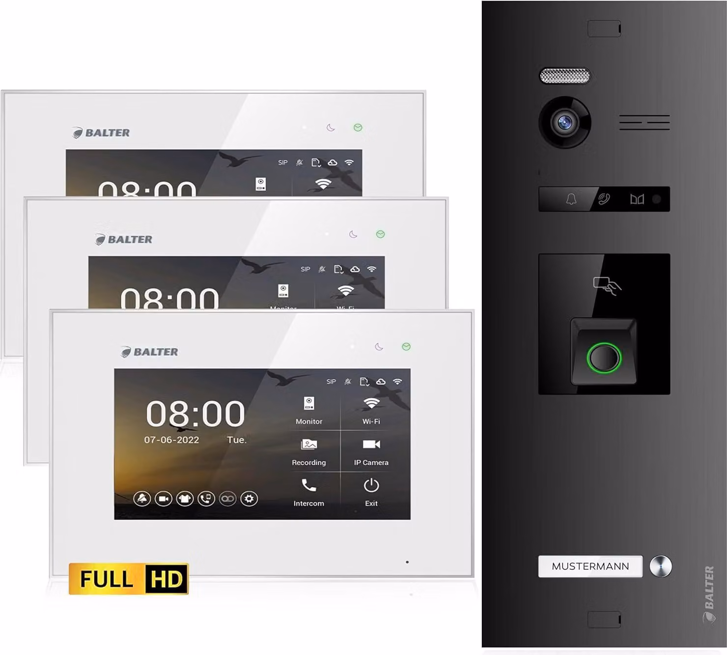 Videocitofono HD con impronta digitale e RFID per casa monofamiliare, 3x monitor, Balter EVO HD Fingerprint