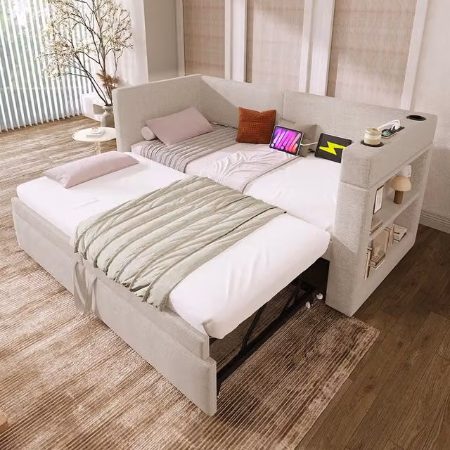 Letto a giorno-Xylo-90x200 cm-ribaltabile, USB-C, portabicchieri, misto lino, beige
