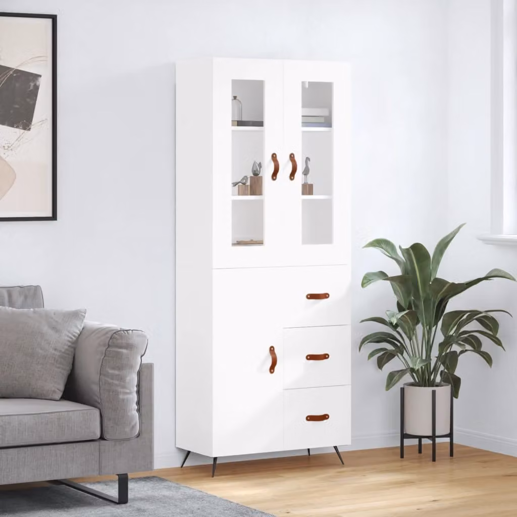 Credenza bianca vidaXL con ante in vetro e ripiani interni in stile rustico L: 69,5 cm, P: 34 cm, H: 180 cm