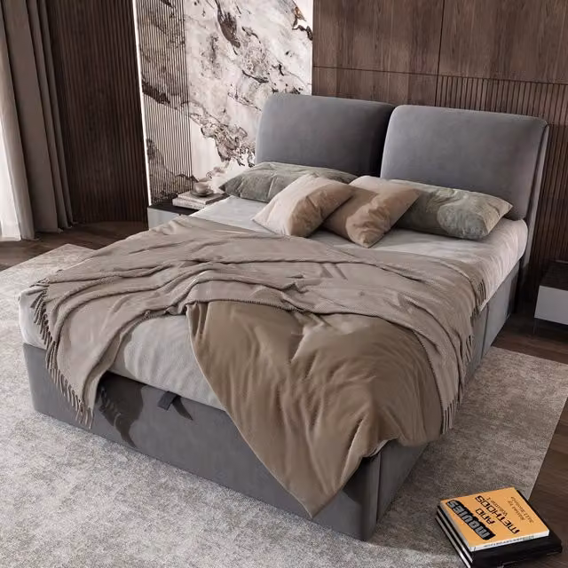 Letto imbottito 140x190 cm in velluto grigio con contenitore; 3 cassetti e testiera regolabile