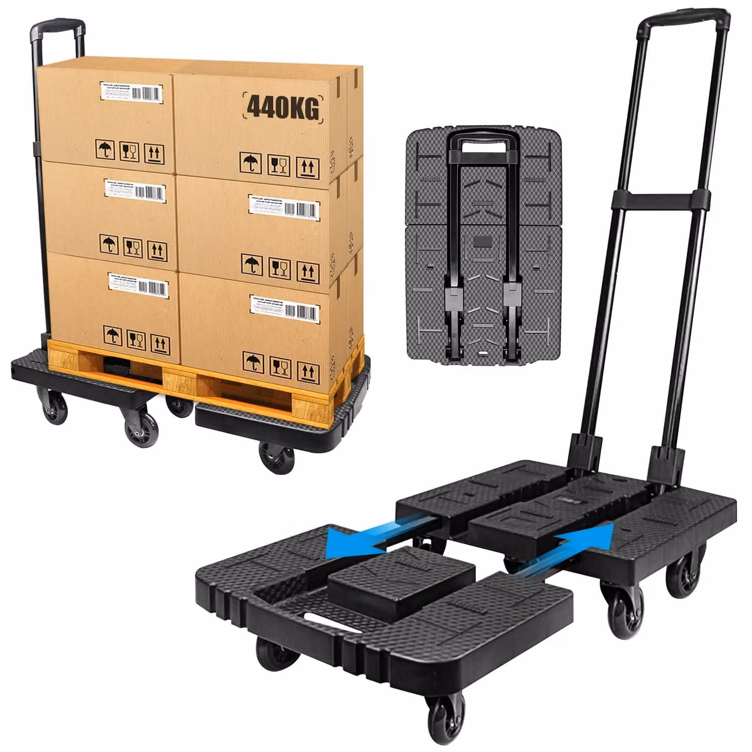 Carrello pieghevole, con 7 ruote girevoli a 360°, capacità di carico 220 kg