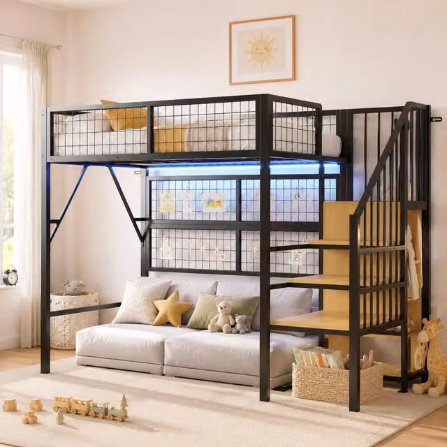 Letto a soppalco in metallo 90x200 cm con LED App; scala con contenitore; nero
