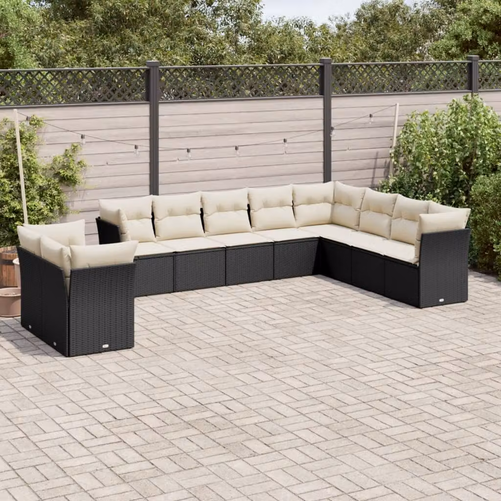 vidaXL Set Divani da Giardino a L 10 Pezzi in Polyrattan con Cuscini Imbottiti Nero e Bianco – 1