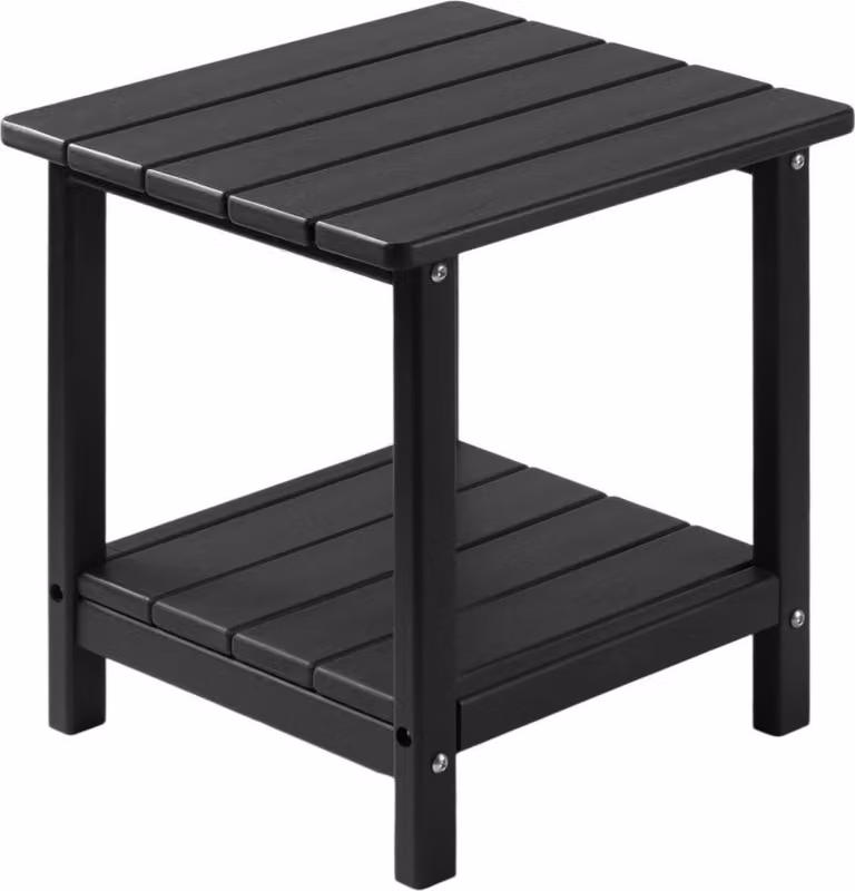 Tavolino in plastica 45x38x44 cm, tavolo da giardino in HDPE, tavolo da balcone con 2 ripiani, comodino, tavolino nero, tavolo decorativo per terrazza, piscina, spiaggia, veranda, giardino