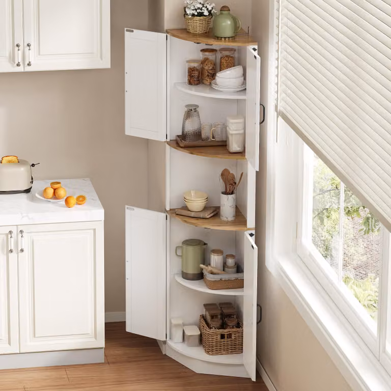 Mobiletto angolare STILVORA con 5 scomparti, pensile da cucina con ripiani aperti, mobiletto contenitore con sistema di sicurezza anticaduta, design salvaspazio, adatto per cucina e soggiorno, colore bianco
