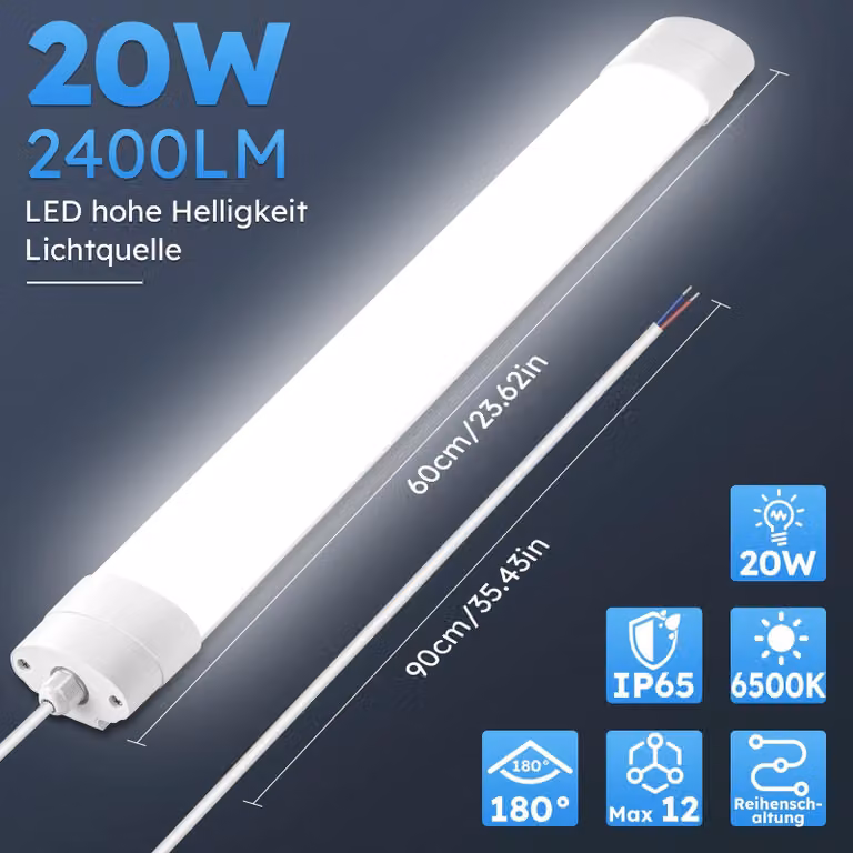 Lampada a LED tubolare - 20 W, 60 cm - 4500 K, bianco neutro - Collegabile - 220–240 V - 1 pezzo - Adatta per garage e officina